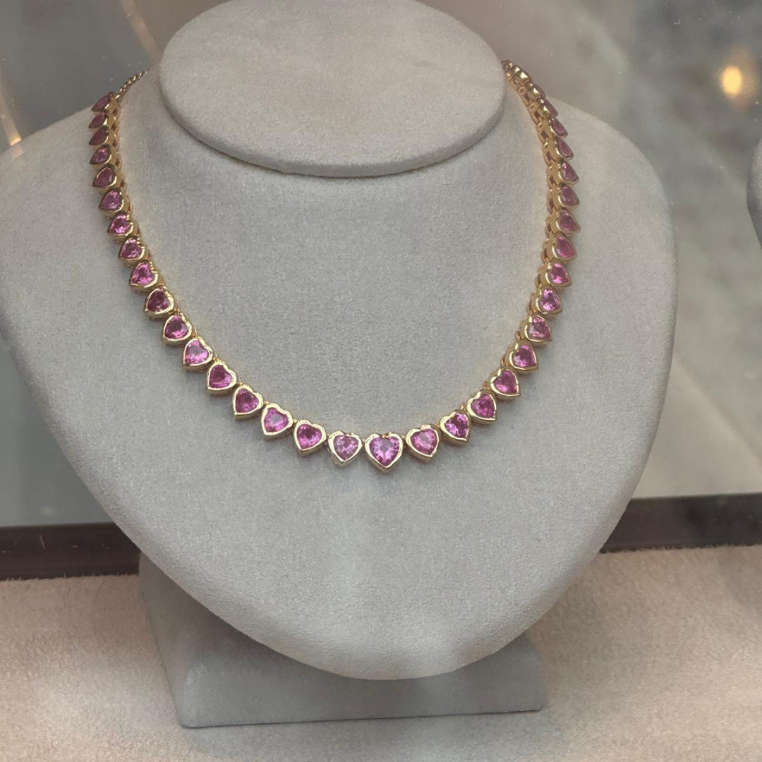 PINK SAPPHIRE HEART TENNIS NECKLACE