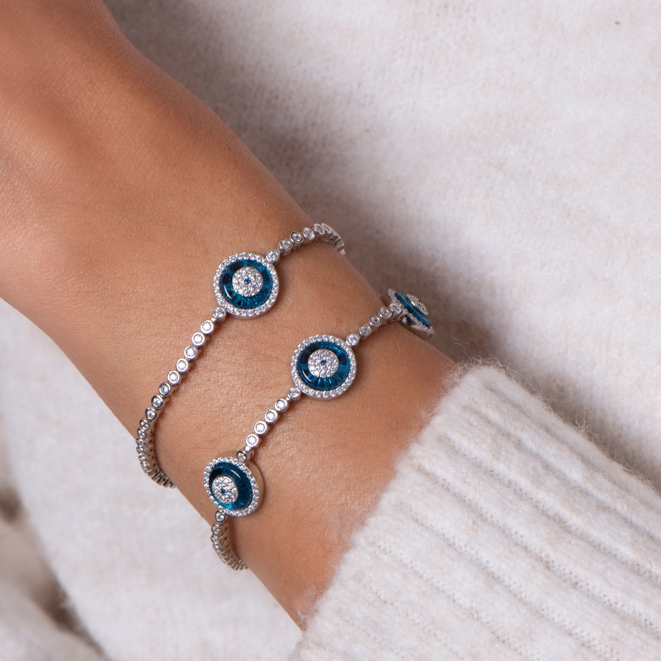 14k gold EVIL EYE THREE EYE DIAMOND PAVE NAZAR BRACELET