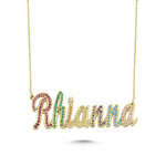 Custom Script Name Necklace Gold & Pavé Rainbow Gemstones