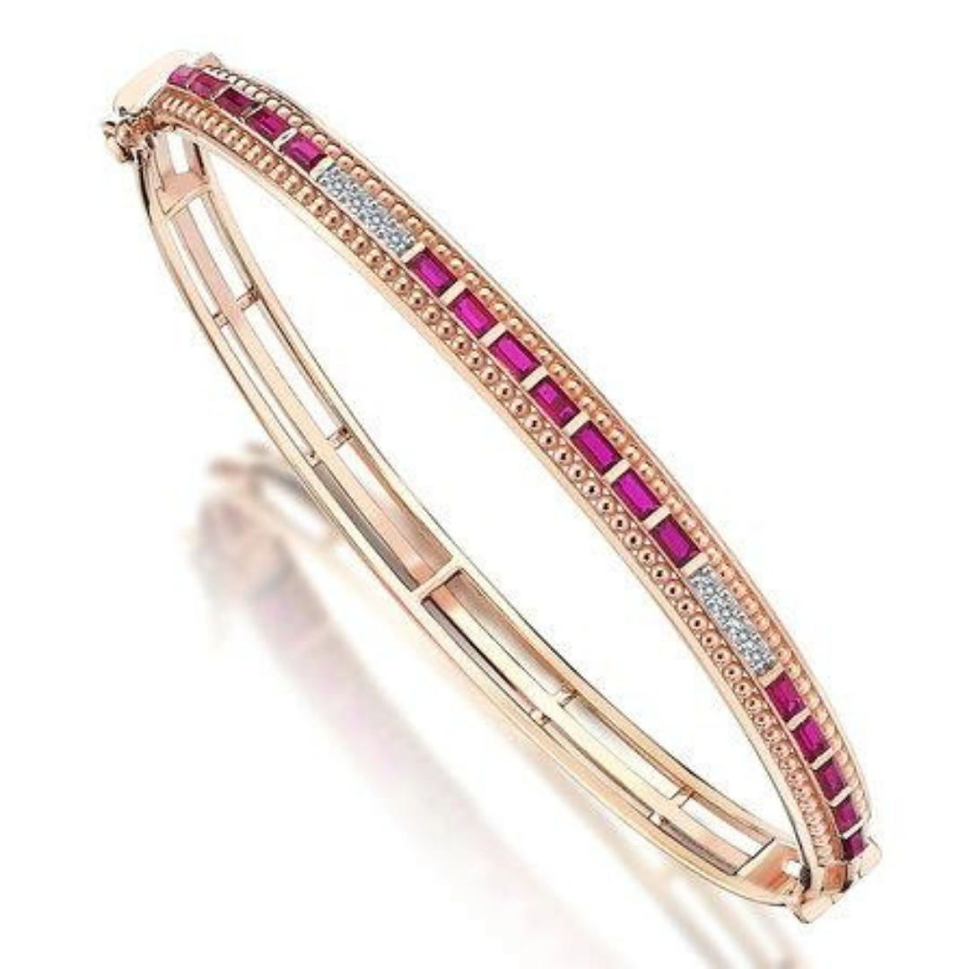 14K GOLD DIAMOND & RUBBY DOT BANGLE BRACELET