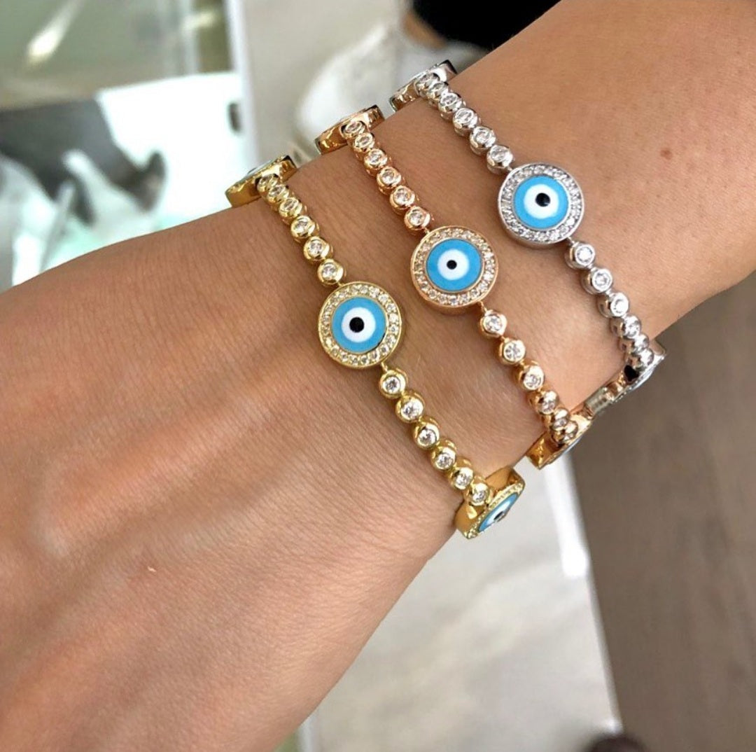 14k gold evil eye diamond tennis bracelet