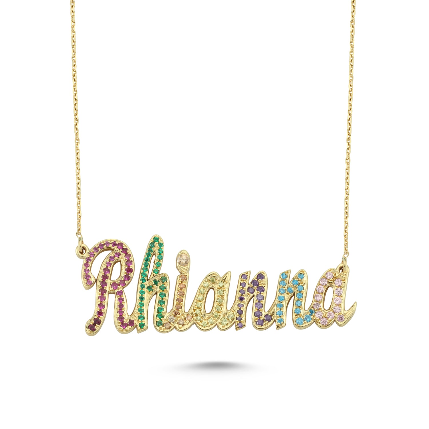Custom Script Name Necklace Gold & Pavé Rainbow Gemstones